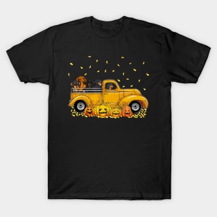 Yellow Car Truck Dachshunds And Pumpkins Halloween T-Shirt